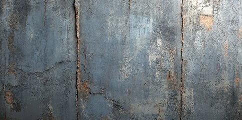 Poster - A concrete surface bearing the effects of weathering, with cracks in its structure and peeling paint that exposes the underlying urban landscape, evoking a raw industrial look