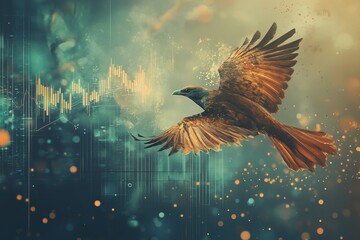 Poster - Stunning bird soaring through an ethereal background, featuring abstract data patterns. This image captures the essence of freedom and technological harmony.