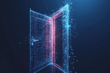 Poster - This image features a futuristic digital door illuminated by glowing particles, symbolizing access to innovative possibilities and technological exploration.