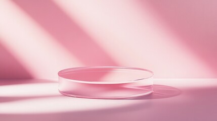 Poster - A clear crystal dish rests gently on a pink surface, bathed in soft morning light. Subtle shadows and reflections create a calming atmosphere, inviting serenity and simplicity