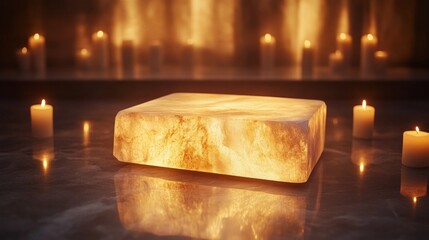Poster - A warm glow emanates from a large salt block, beautifully reflecting candlelight in a peaceful setting. The atmosphere feels serene, inviting relaxation and contemplation