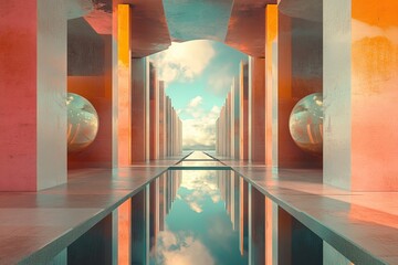 Poster - a mesmerizing futuristic space featuring vibrant pillars, a tranquil reflection pool, and a serene s