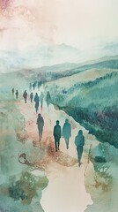 Poster - Tranquil Path with Silhouetted Figures in Watercolor Landscape