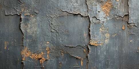 Poster - A weathered concrete wall with cracks exposes a gray surface that is textured, featuring rough patches and edges with dark vignettes