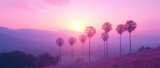 Wall Mural - Serene Los Angeles Sunset with Palm Trees and Mountains in a Dreamy Pink and Purple Haze Capturing the Tranquil California Vibe