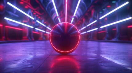 Poster - Neon sphere rolling through retro-futuristic corridor indoor digital art vibrant colors low angle movement concept