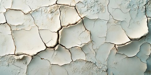 Poster - The surface of the weathered white wall is peeling, exposing layers of cracked paint with a soft peachy undertone, and revealing a textured grunge background