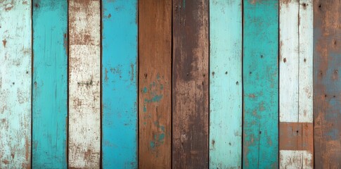 Poster - A grunge texture background is formed by wooden planks that have been painted in various colors, ideal for designs with a vintage or rustic aesthetic