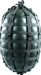 Fototapete - Dark green egg shaped object encased in a metallic gray grid like structure. The texture appears smooth with a subtle sheen. Isolated on a white background.