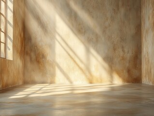 Poster - Serene sunlight streaming through window illuminating rustic textured wall and floor creating peaceful ambiance in empty room