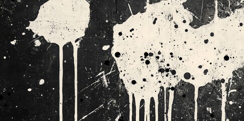 Poster - A monochrome background with a grungy appearance showcases chaotic splatters of paint, exposing a textured surface with a raw, artistically distressed quality