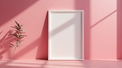 Poster - A simple white frame stands against a pastel pink wall, casting gentle shadows on a sunny afternoon. Nearby, a slender plant adds a touch of nature, enhancing the serene atmosphere
