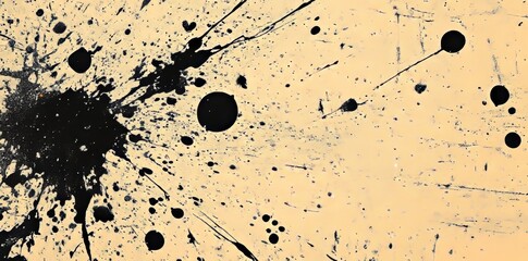 Poster - A beige canvas features an abstract pattern formed by splatters of black ink, set against a grunge texture background