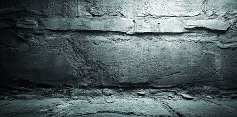 Poster - The surface of the weathered concrete wall exhibits a rough texture, embodying a gritty urban aesthetic with deep shadows and a raw industrial character