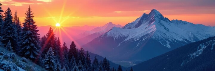 Wall Mural - dense coniferous trees tower above snow-capped mountains at sunset, wilderness, nature
