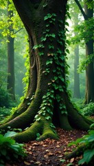 Wall Mural - dense foliage and vines wrap around ancient tree trunks, foliage, vines, forest