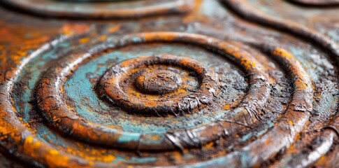 Poster - A metallic surface that has been weathered, showing circular patterns that form concentric circles, and revealing details of texture with a prominent hole in the center
