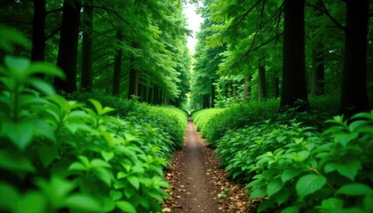 Wall Mural - dense foliage surrounding a narrow path under evergreen trees, dense foliage, greenery pathway