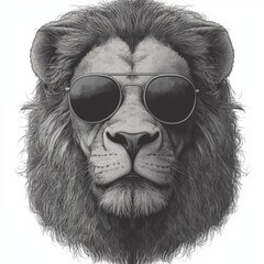 Wall Mural - This black and white PNG illustration, generated by ai and featuring a scratch board style, depicts a lion in sunglasses and a suit, embodying a cool, powerful, and sophisticated atmosphere