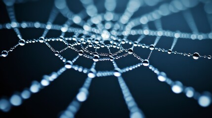 Close up view of a spiderweb glistening with water droplets, dark background, shallow depth of field. Dew drops highlight intricate web structure.