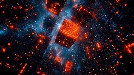 Poster - abstract digital art depicting glowing orange and blue cubes in a dark, three dimensional space. the