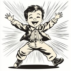 Wall Mural - In a black and white image, a lively young boy in antiquated clothing is depicted dancing energetically, rendered in a classic engraving style using generative AI and resembling a scratch board