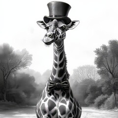 Wall Mural - In this illustration, a giraffe is shown dancing in a lighthearted manner, set against a backdrop of fantasy, nature, and artistic whimsy, executed in a vintage style sketch engraving using