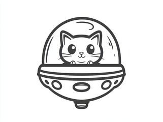 Wall Mural - Inside a flying saucer, an adorable cat is found, bringing together science fiction, fantasy, and humor with a touch of whimsy in a classic artistic style, as illustrated in a sketch engraving using