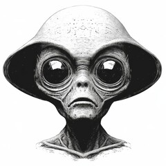 Wall Mural - An otherworldly being with large eyes and complex textures, evoking a sense of sci-fi and horror, is depicted in a black and white engraving-style sketch generated by AI raster and scratch board