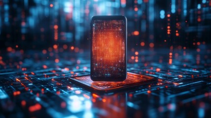 Poster - A sleek smartphone stands tall in a digital environment, surrounded by glowing data patterns and vibrant colors. The atmosphere feels electric, hinting at advanced technology and innovation