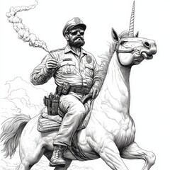 Wall Mural - In a black and white scratch board-style image, a policeman is shown riding a rearing unicorn while smoking a pipe, merging fantasy, authority, and humor in a vintage illustration style sketch