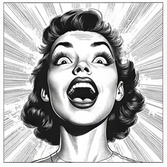 Wall Mural - The image of a woman with wide eyes and an open mouth, symbolizing excitement, shock, or madness, is rendered in a vintage style sketch engraving, generated by AI as a raster illustration with a