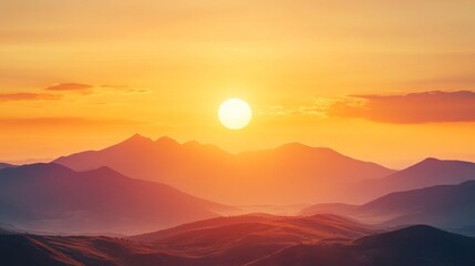 Aufkleber - As dawn breaks, the sun slowly rises over majestic mountains, illuminating the landscape with warm golden light, creating a serene and tranquil atmosphere