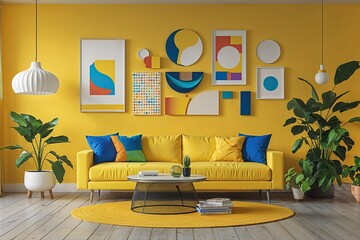 Poster - Vibrant Yellow Canvas Artwork Featuring Colorful Contemporary Design Elements