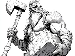 Wall Mural - Generative ai raster illustration of a Viking warrior, clad in horned helmet and armor, confidently holding a massive ornate hammer, in a strong stance, rendered in black and white with a scratch