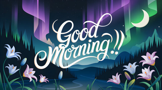 (F) Good Morning  written in swirly beautiful writing, peace lilies with the Northern Lights purple Green Lighting up the sky, half moon, typography, 3d render, cinematic, illustration