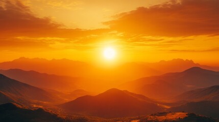 Poster - As the sun sets beyond distant peaks, warm golden light envelops the tranquil landscape. The mountains create a silhouette against the vivid sky, welcoming the night with beauty