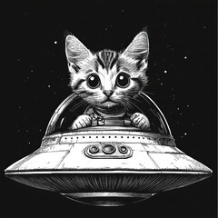 Wall Mural - Inside a flying saucer, an adorable cat is depicted, blending lighthearted science fiction, fantasy, and comedic themes in a vintage artistic style sketch engraving, generated using ai as a PNG
