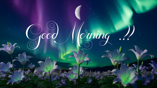 (F) Good Morning  written in swirly beautiful writing, peace lilies with the Northern Lights purple Green Lighting up the sky, half moon, typography, 3d render, cinematic, illustration