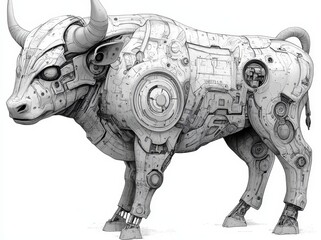 Wall Mural - In a black and white color palette, a cybernetic bull is illustrated in a steampunk style, complete with mechanical components, gears, and advanced robotic features, as a generative AI PNG image with