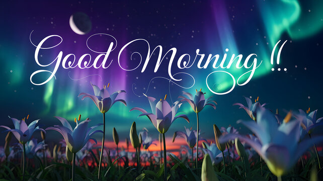 (F) Good Morning  written in swirly beautiful writing, peace lilies with the Northern Lights purple Green Lighting up the sky, half moon, typography, 3d render, cinematic, illustration