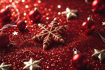 Poster - Vibrant Red Christmas Glitter Background with Shimmering Texture and Starry Accents