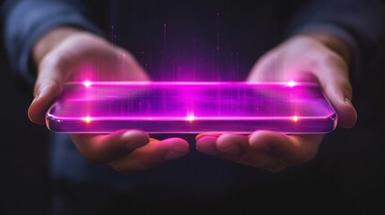 Poster - Hands gently cradle a sleek smartphone emitting vibrant pink light waves, showcasing advanced technology. The ambient glow enhances the futuristic feel of the device