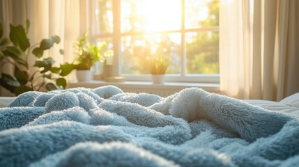 Poster - Sunlight pours through large windows, illuminating a cozy blue blanket draped on a bed, surrounded by vibrant green plants that add life to the serene space