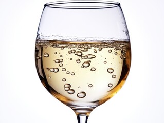 Poster - Elegant wine glass filled with golden liquid and sparkling bubbles against a bright white background