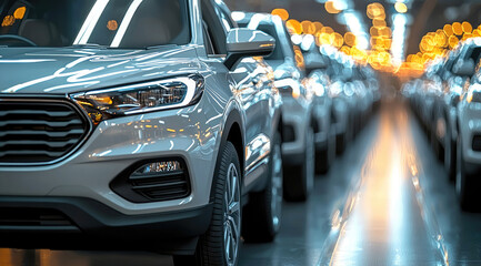 Aufkleber - Modern cars lined up in factory with bright lights creating vibrant atmosphere