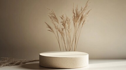 Aufkleber - A circular stone vase showcases slender dried grasses, elegantly rising against a calm beige background. This serene arrangement captures the essence of minimalism, bringing natural beauty indoors