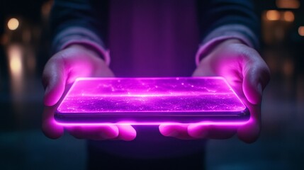 Poster - Hands extend an otherworldly phone, radiating a purple glow against a backdrop of twinkling stars. The captivating cosmic patterns mesmerize and invite exploration into the unknown