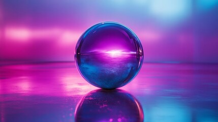 Poster - A mesmerizing crystal sphere rests on a reflective surface, illuminated by soft purple and blue lights. The ethereal glow creates a dreamlike atmosphere that captivates the viewer
