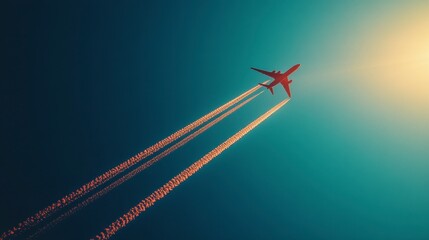 Poster - red airplane in flight against a teal and blue sky, leaving a contrail. sunlight in upper right corn